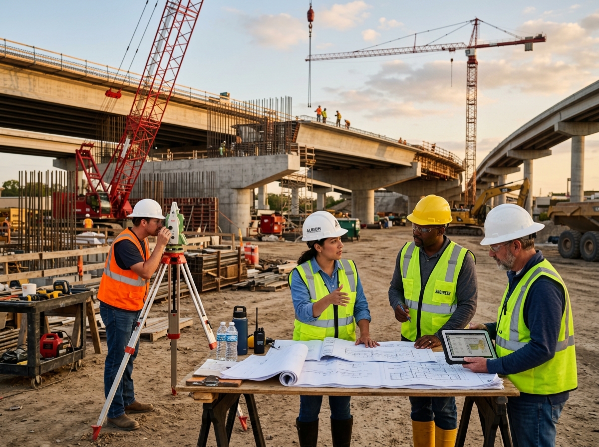 Civil engineering team reviewing project plans on construction site